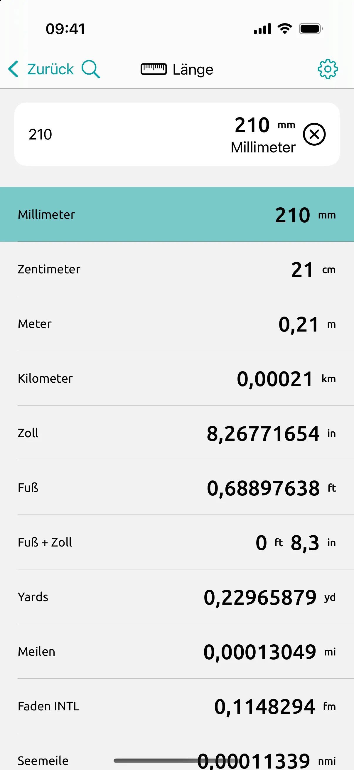 Bildschirm von Conversion Calculator: 210 mm, die Breite von DIN A4: 8,27 in auf demselben Bildschirm.