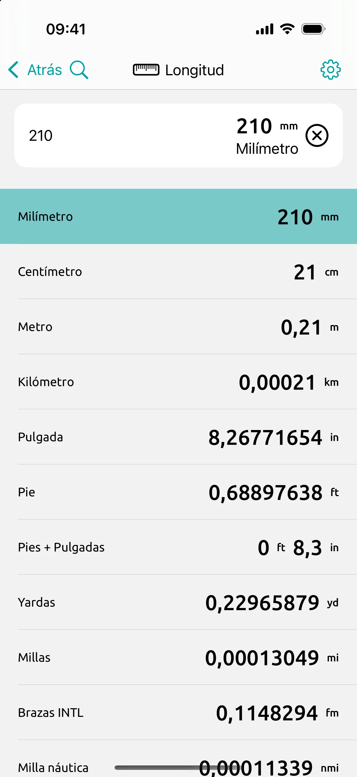 Pantalla de Conversion Calculator: 210 mm, el ancho del A4: 8,27 in en la misma pantalla.