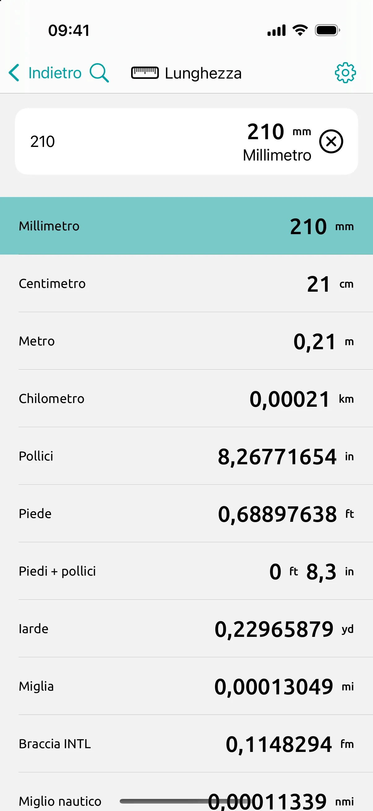 Schermata di Conversion Calculator: 210 mm, la larghezza dell'A4: 8,27 in nella stessa schermata.