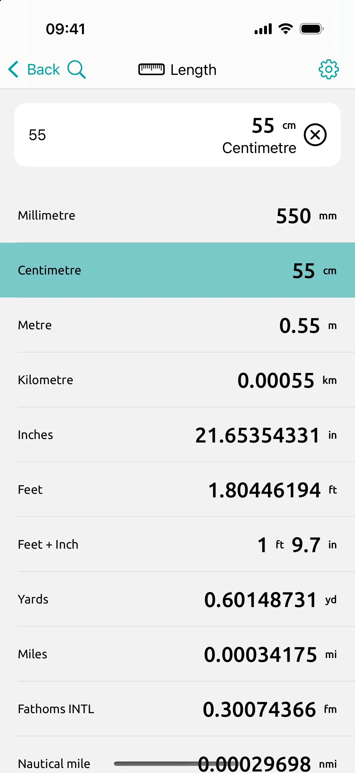 Length screen: a 55 cm cabin bag reads 21.65 inches