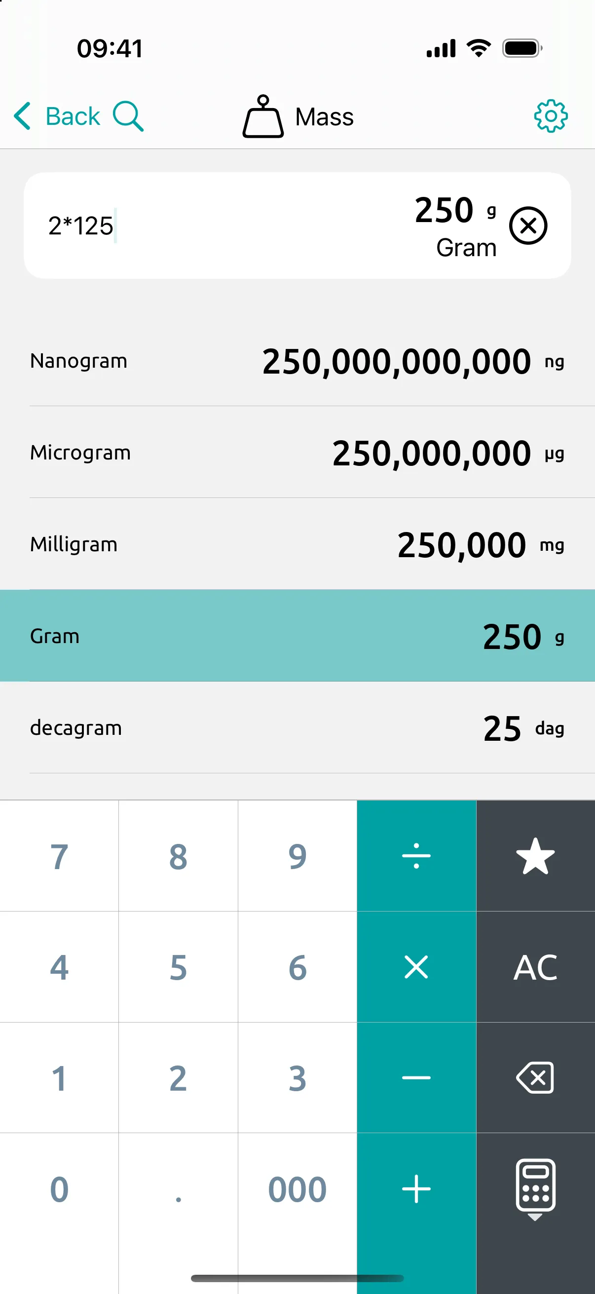 Mass screen: 2*125 typed in grams reads 250 g in every mass unit