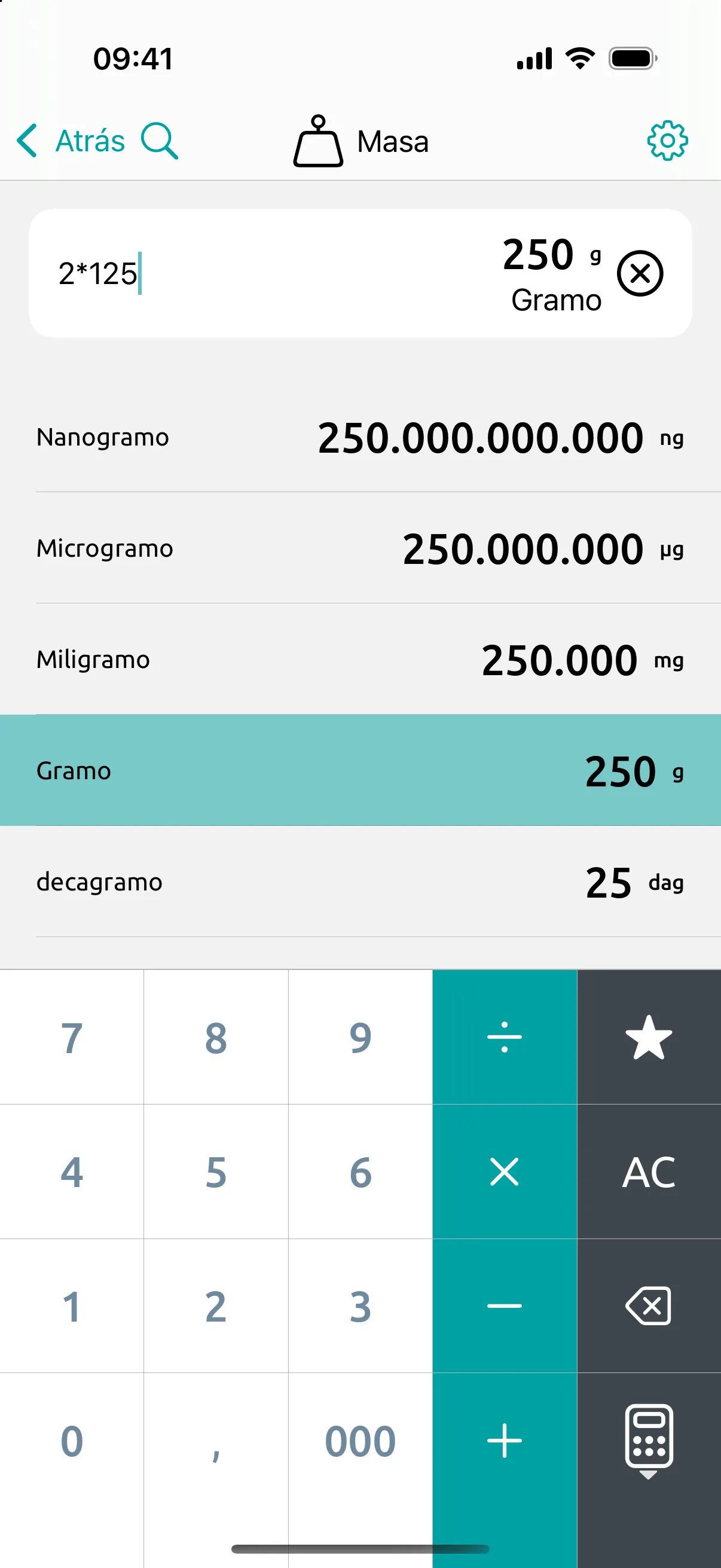 Pantalla de masa: 2*125 escrito en gramos da 250 g en todas las unidades de masa