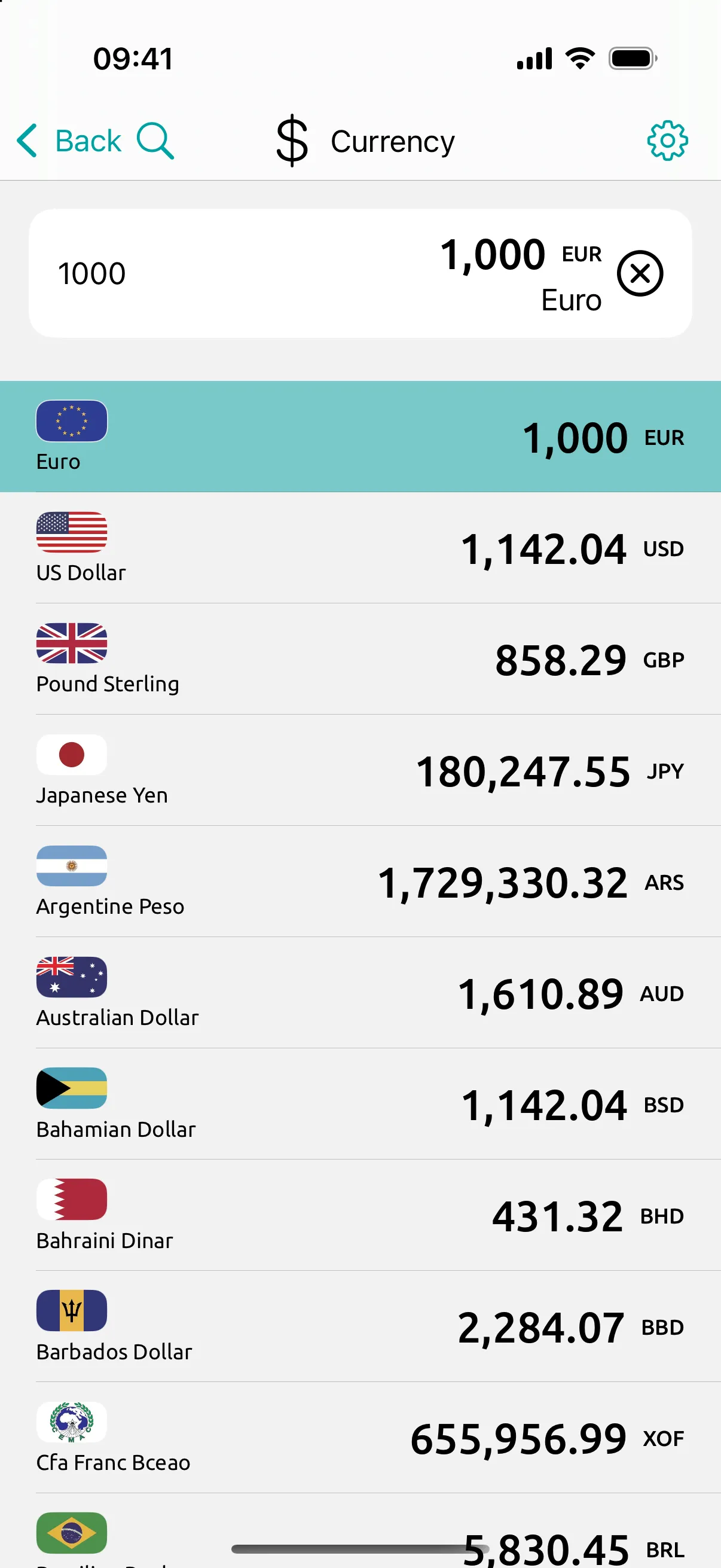 Currency screen: 1,000 euros converted into every currency at once, each with its flag, at the rate of 23 September 2026