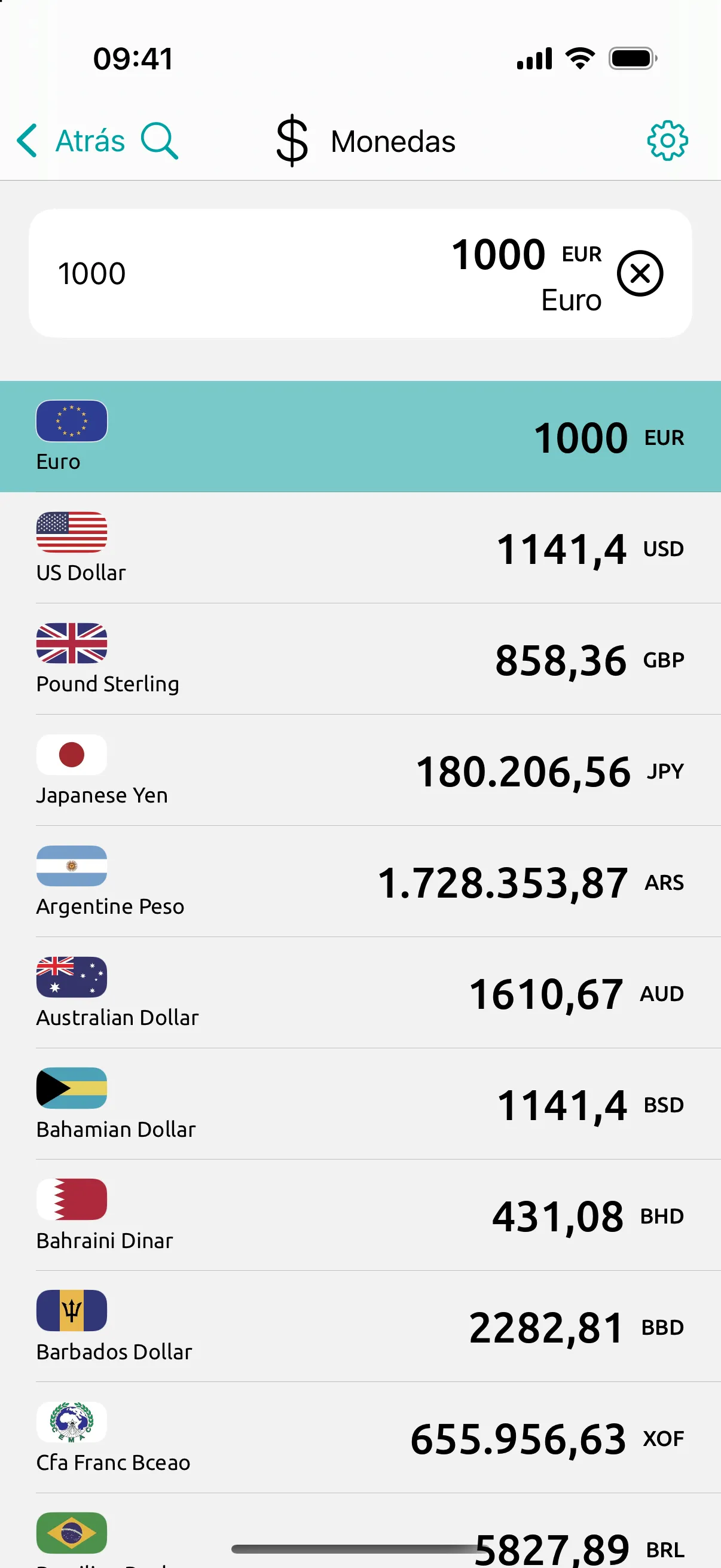 Pantalla de divisas: 1.000 euros convertidos a todas las divisas a la vez, cada una con su bandera, al cambio del 23 de septiembre de 2026
