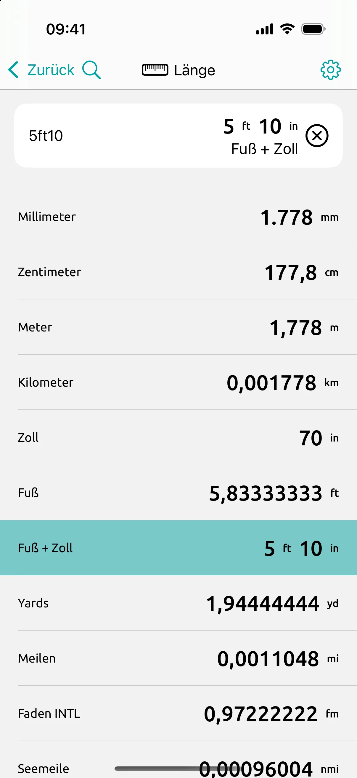 Bildschirm von Conversion Calculator: 5 Fuß 10 so eingetippt, wie man es schreibt: 177,8 cm, 1,778 m und 70 in.