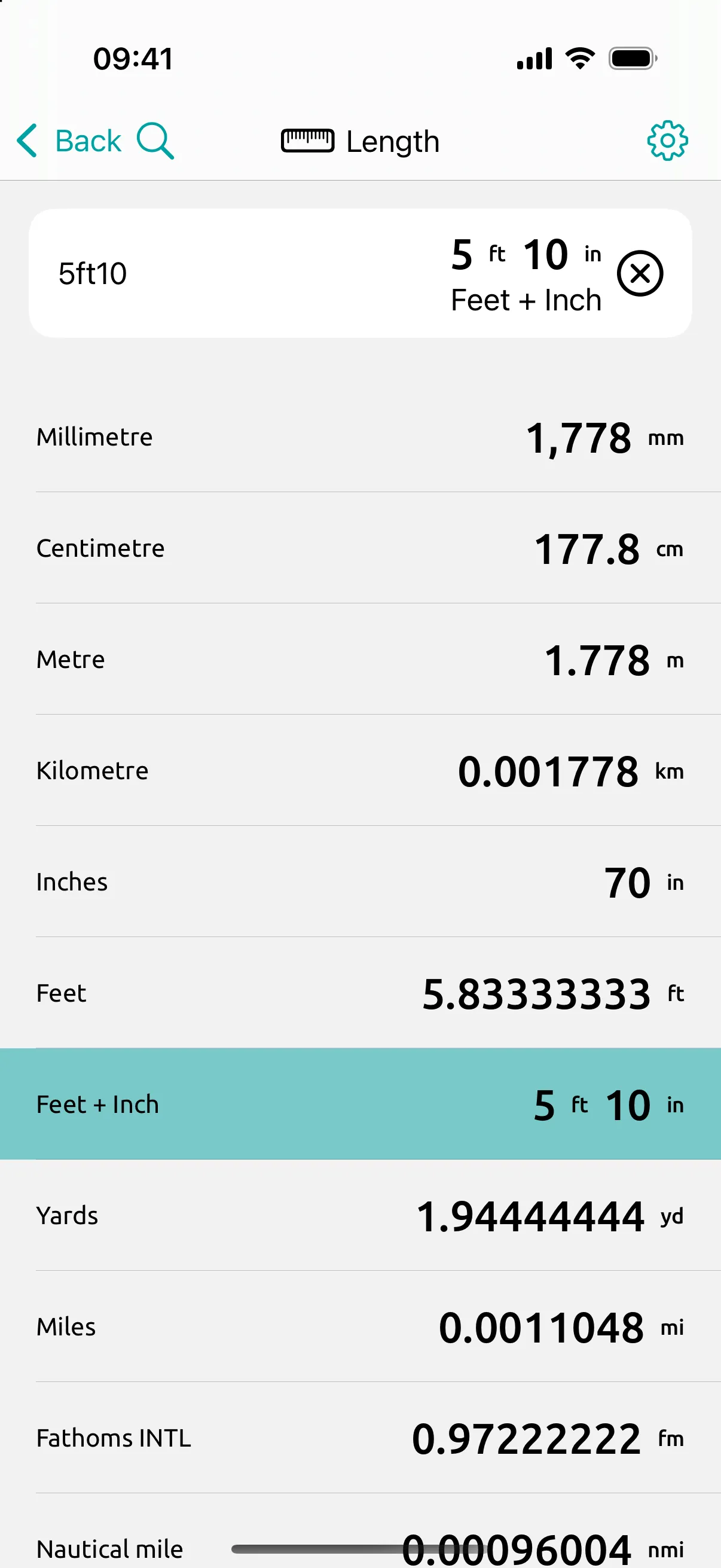 Conversion Calculator screen: 5 ft 10 typed the way it is written: 177.8 cm, 1.778 m and 70 in.
