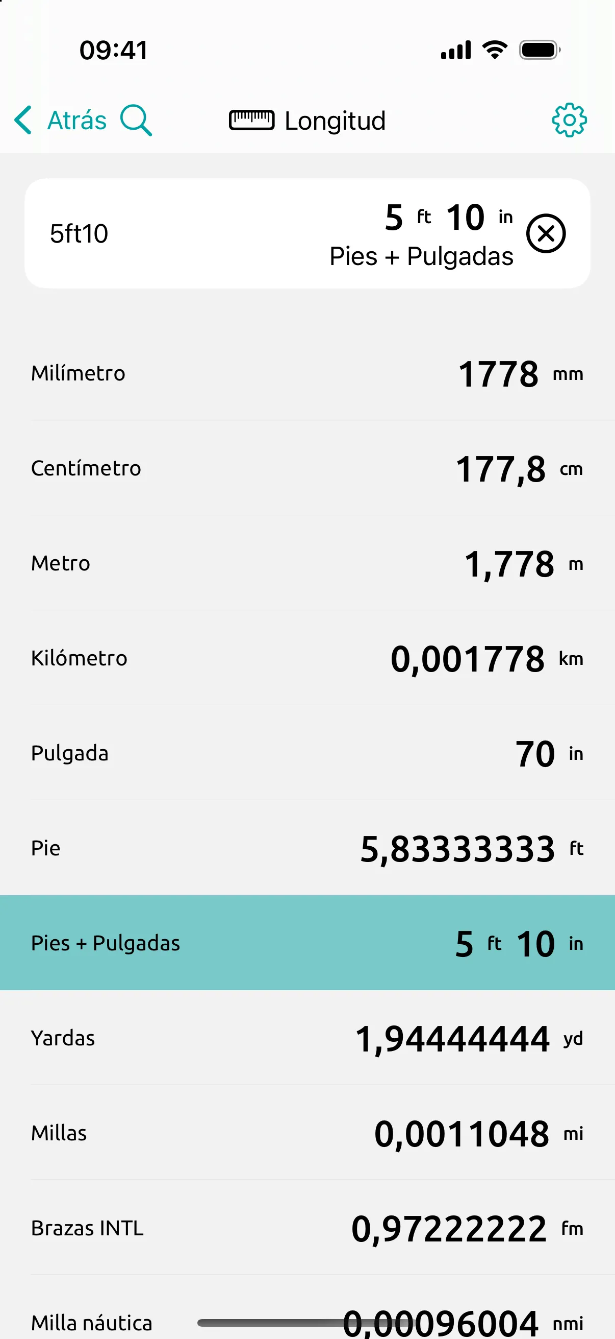 Pantalla de Conversion Calculator: 5 pies 10 escrito tal cual: 177,8 cm, 1,778 m y 70 in.