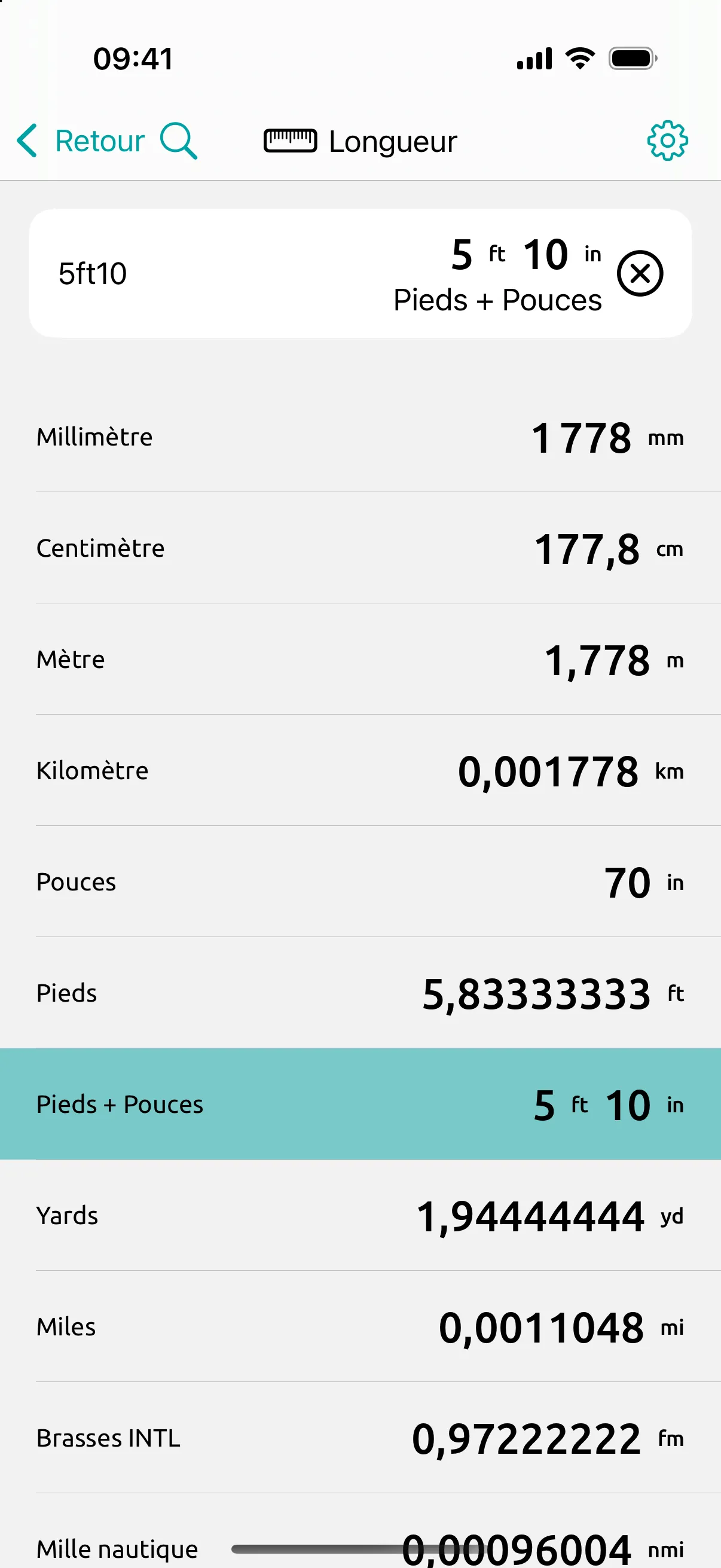 Écran de Conversion Calculator : 5 pieds 10 tapé comme on l'écrit : 177,8 cm, 1,778 m et 70 in.