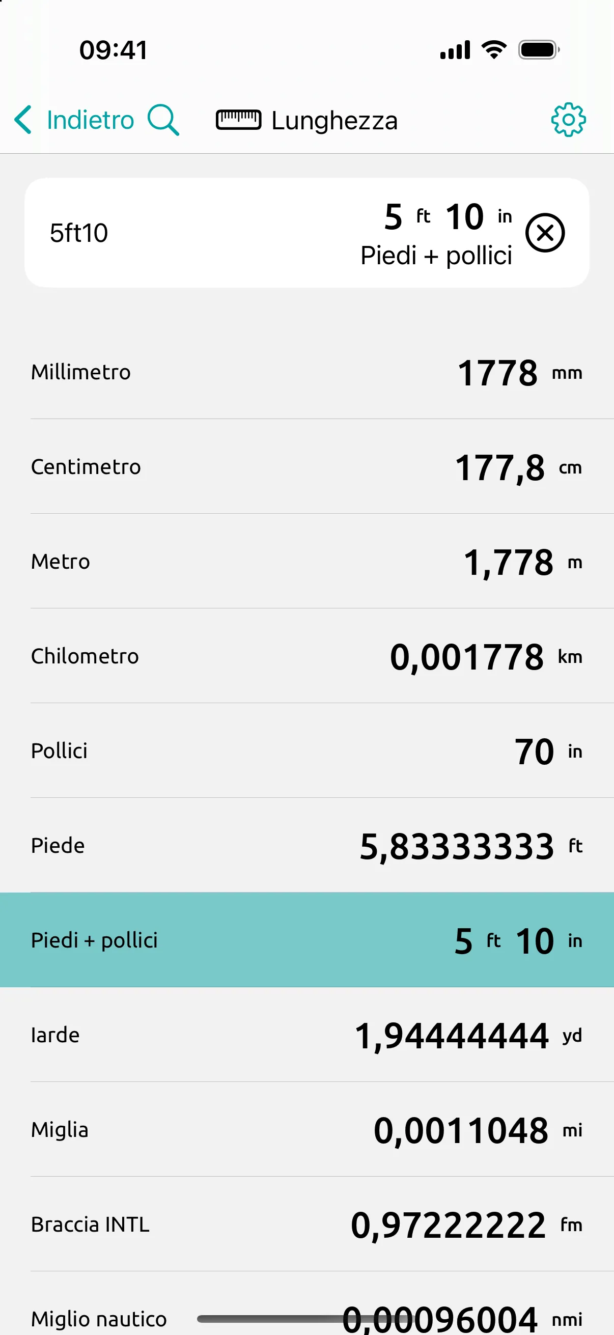 Schermata di Conversion Calculator: 5 piedi e 10 digitato come si scrive: 177,8 cm, 1,778 m e 70 in.