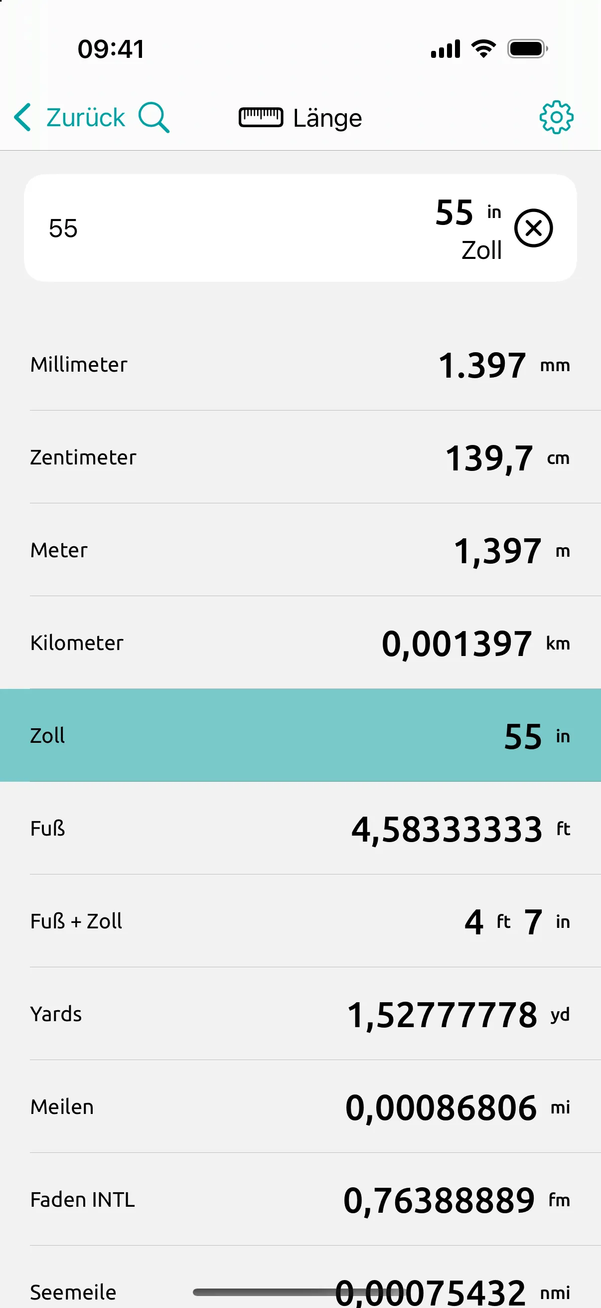 Bildschirm von Conversion Calculator: 55 Zoll einmal eingetippt: 139,7 cm, 1,397 m und 4 ft 7 in auf demselben Bildschirm.