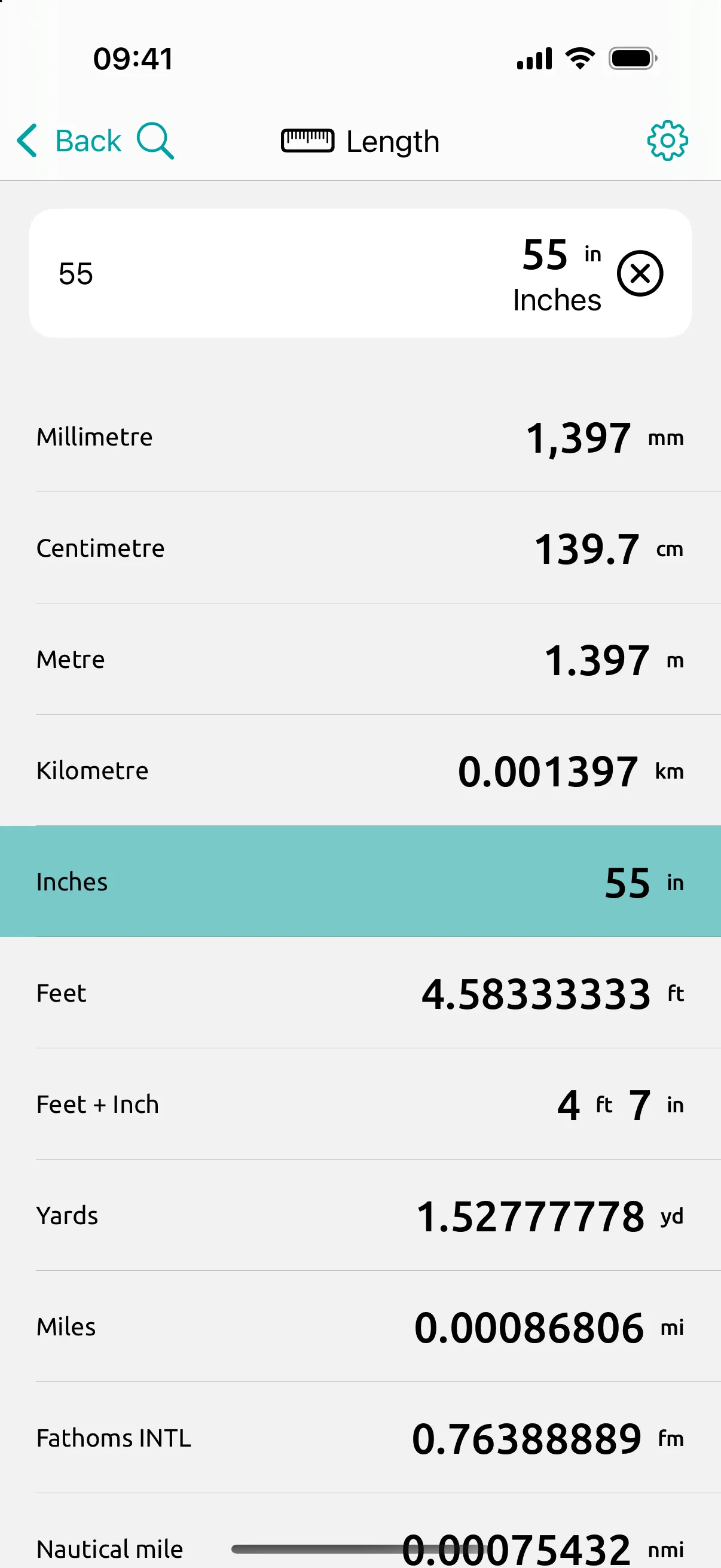 Conversion Calculator screen: 55 in typed once: 139.7 cm, 1.397 m, and 4 ft 7 in on the same screen.