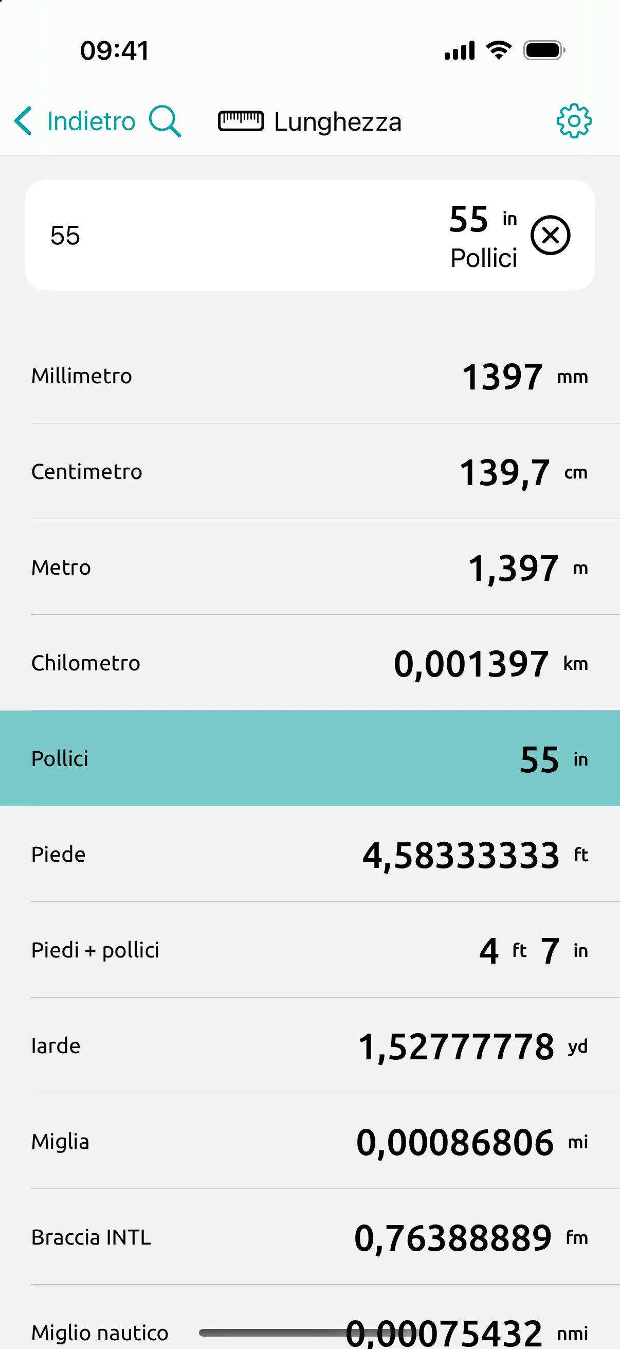 Schermata di Conversion Calculator: 55 pollici digitati una volta: 139,7 cm, 1,397 m e 4 ft 7 in nella stessa schermata.