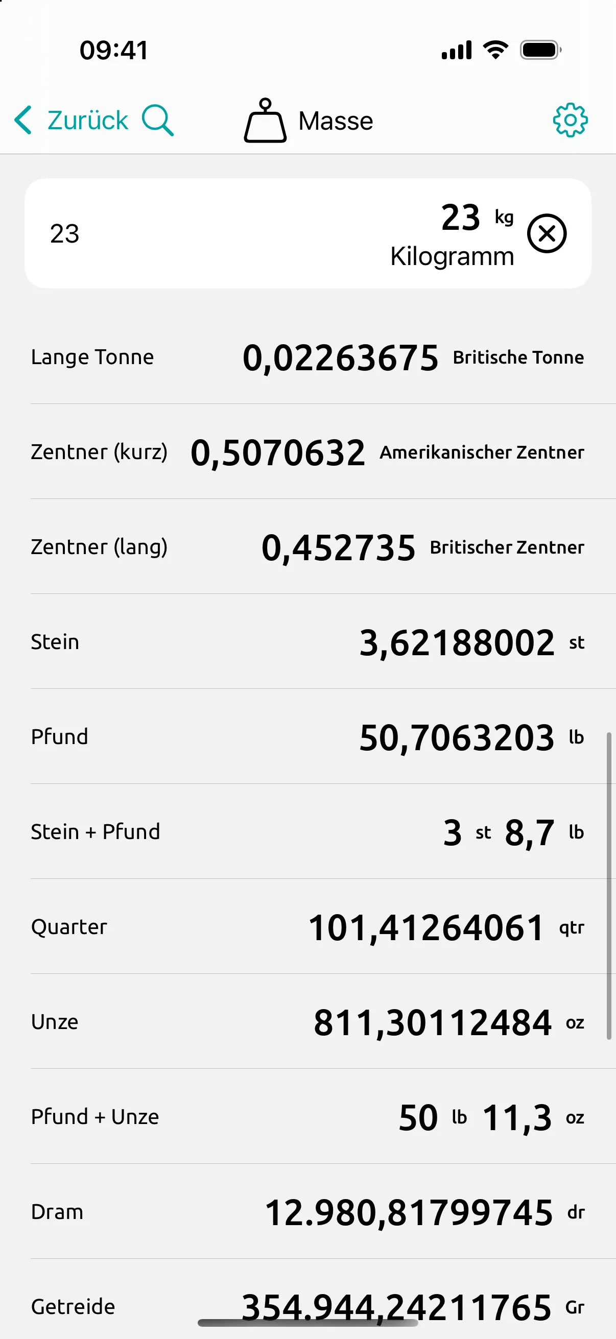 Masse-Bildschirm: 23 kg einmal eingegeben, in allen Masseeinheiten gelesen, darunter 50,7 lb