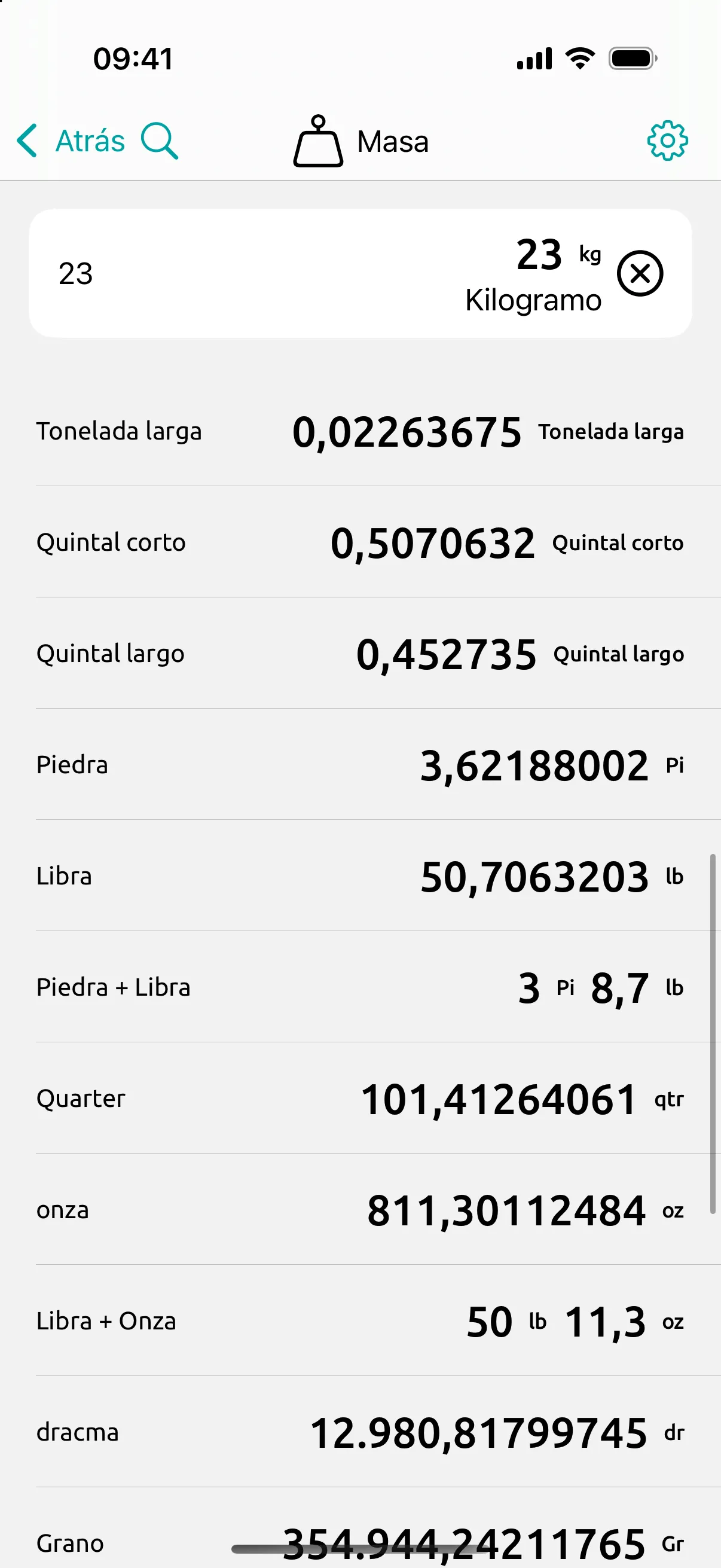 Pantalla de masa: 23 kg escritos una vez, leídos en todas las unidades de masa, incluidas 50,7 lb