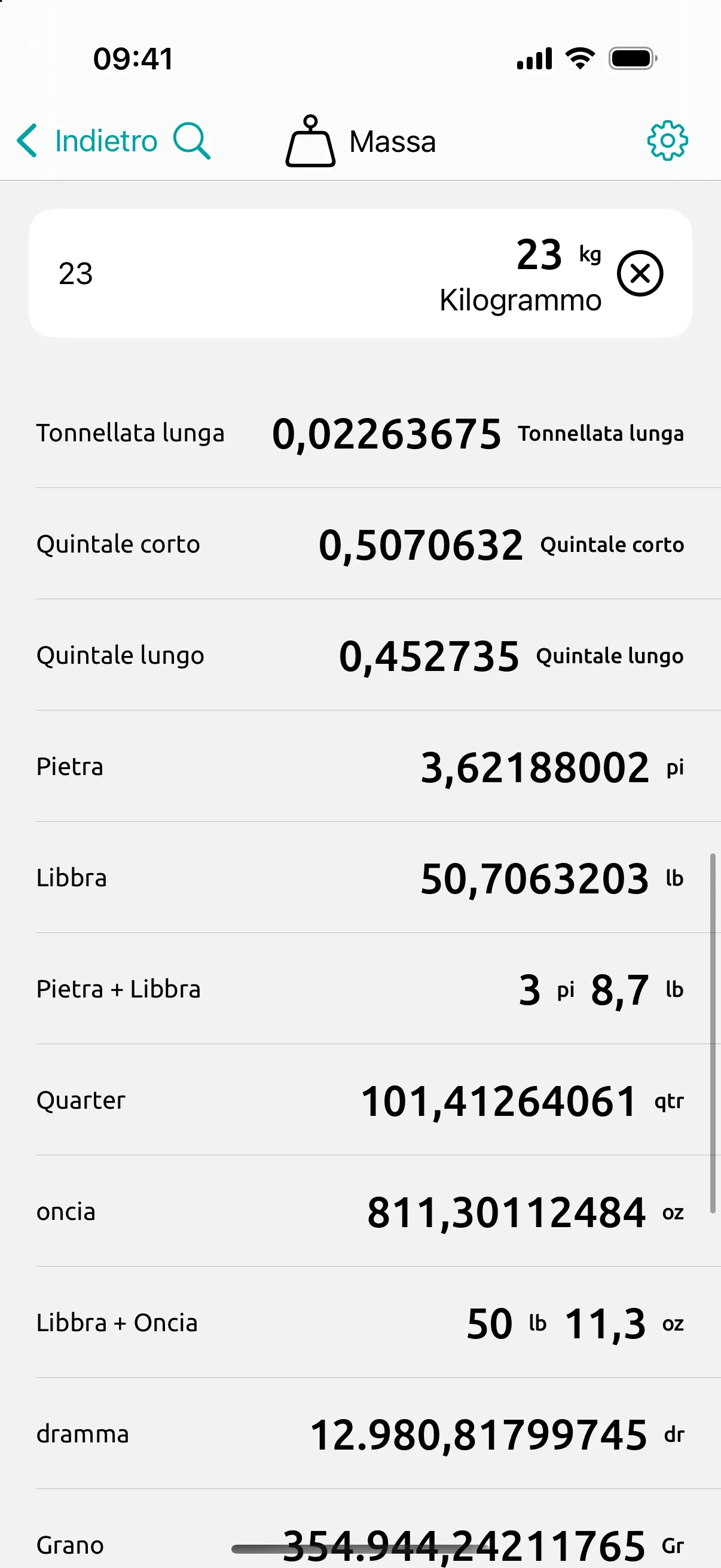 Schermata massa: 23 kg digitati una volta, letti in tutte le unità di massa, tra cui 50,7 lb