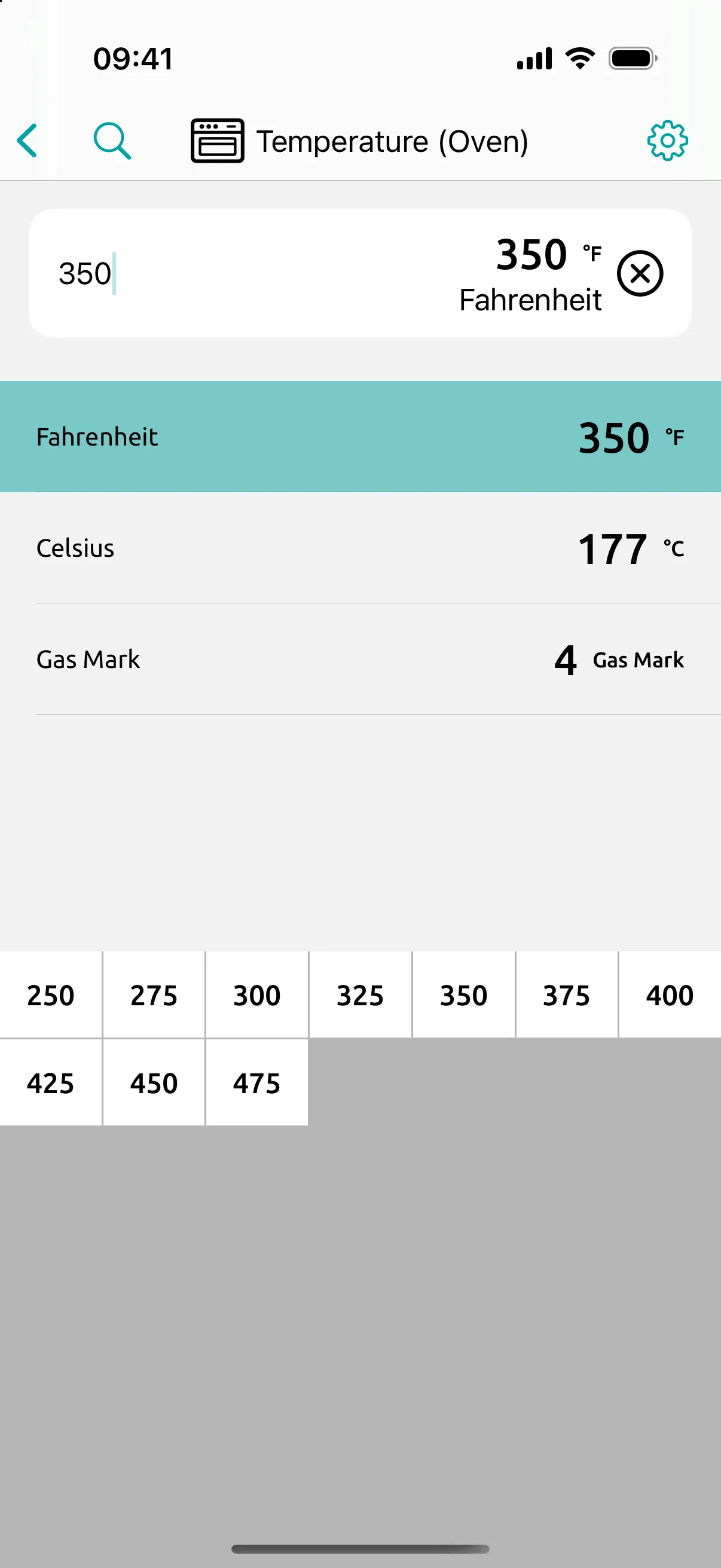 Oven temperature screen: 350 °F reads 177 °C and gas mark 4