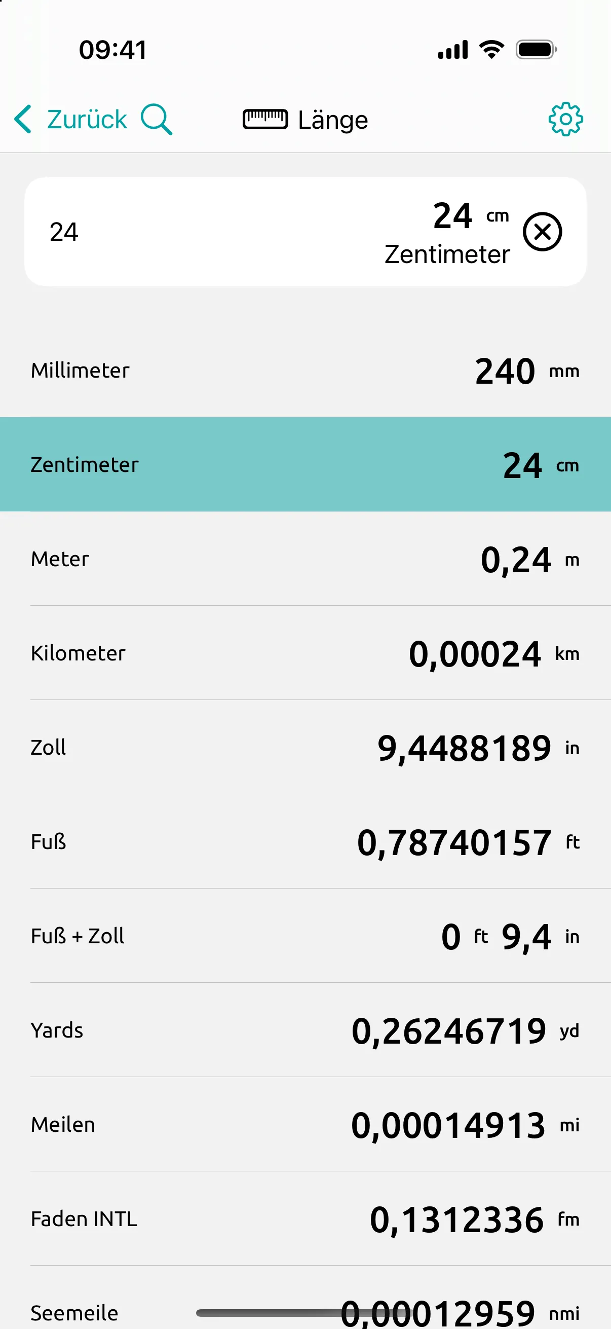 Bildschirm von Conversion Calculator: 24 cm, eine gängige Form in Europa: 9,45 in, die 9-Zoll-Form kommt am nächsten.