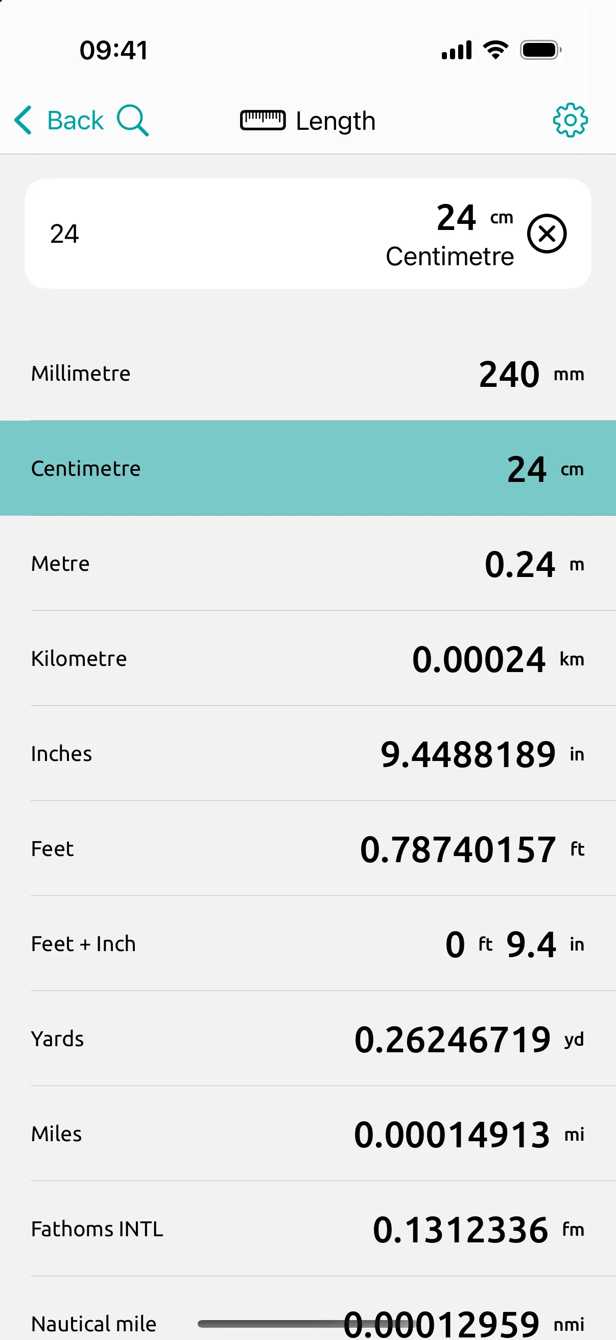 Conversion Calculator screen: 24 cm, a common European pan: 9.45 in, so a 9-inch pan is the closest swap.
