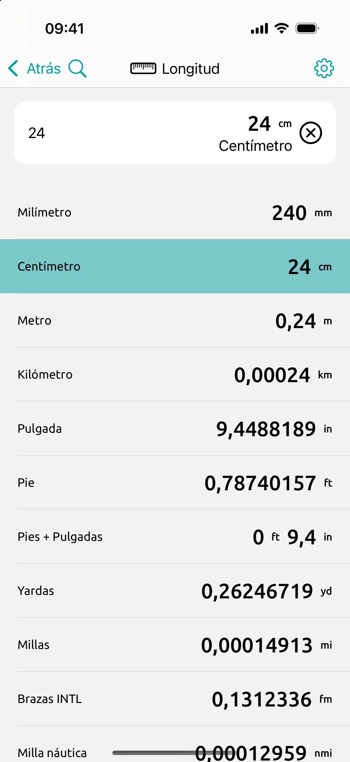 Pantalla de Conversion Calculator: 24 cm, un molde habitual en Europa: 9,45 in, el molde de 9 pulgadas es el más cercano.