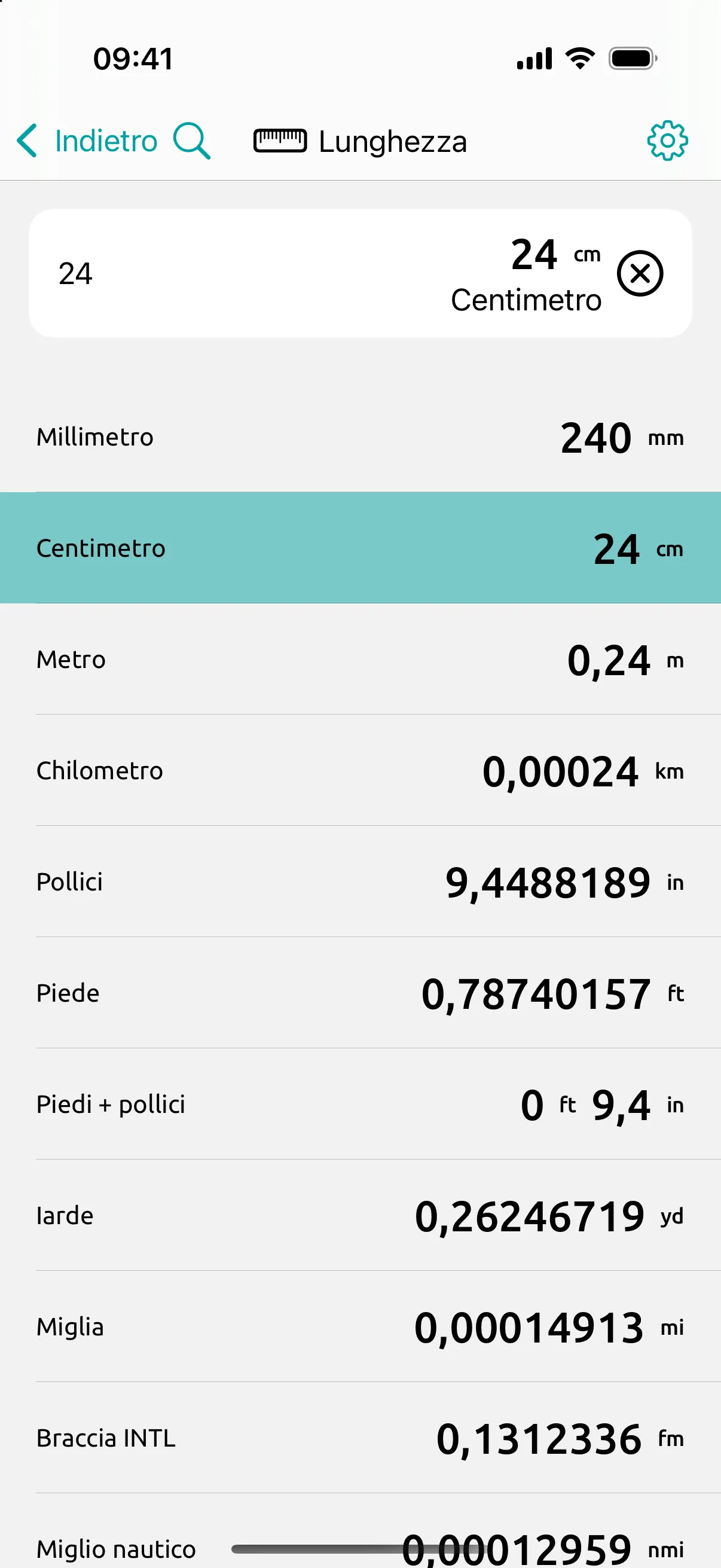 Schermata di Conversion Calculator: 24 cm, uno stampo comune in Europa: 9,45 in, lo stampo da 9 pollici è il più vicino.