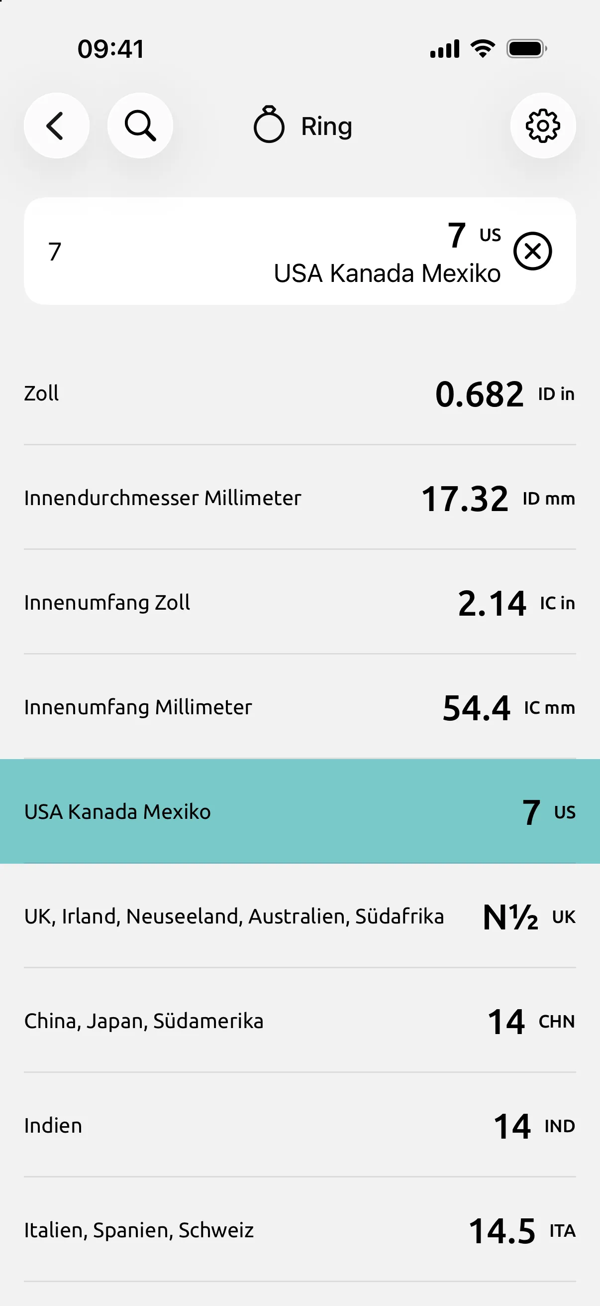 Bildschirm Ring von Conversion Calculator mit US 7: Innendurchmesser 17,32 mm, Innenumfang 54,4 mm, UK N½, Japan 14.