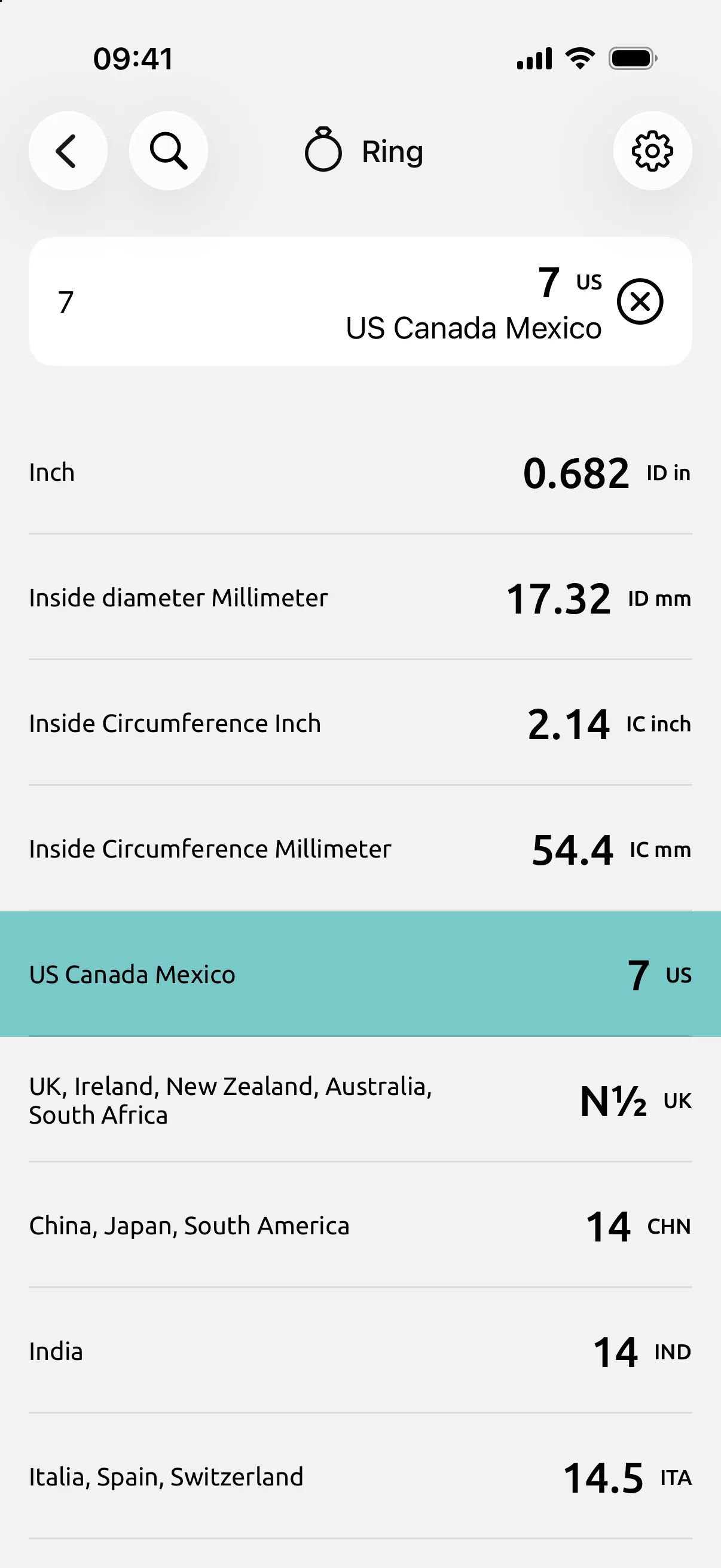 Conversion Calculator Ring screen with US 7 selected: 17.32 mm inside diameter, 54.4 mm circumference, UK N½, Japan 14.