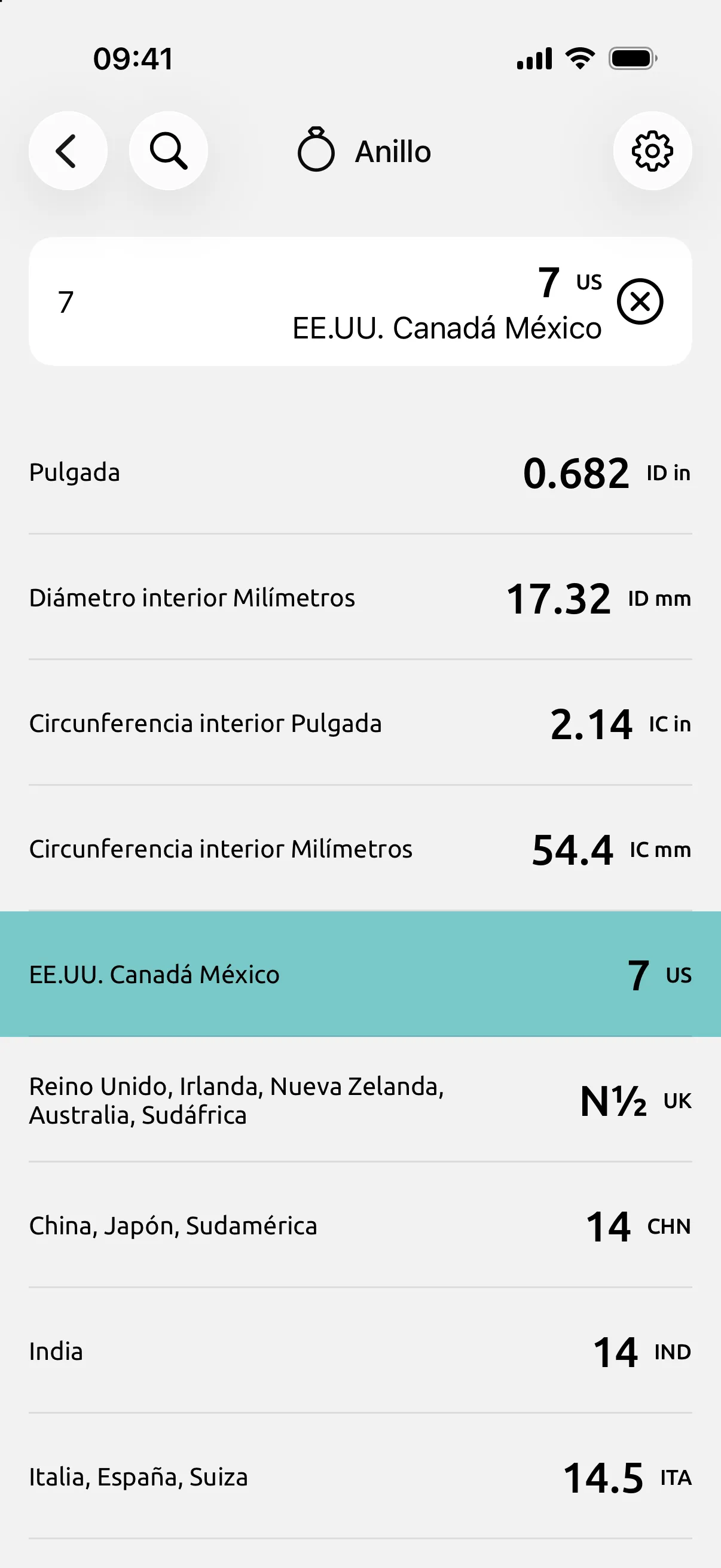 Pantalla Anillo de Conversion Calculator con la talla 7 de EE. UU., Canadá y México: diámetro interior 17,32 mm, circunferencia 54,4 mm, Reino Unido N½, Japón 14.