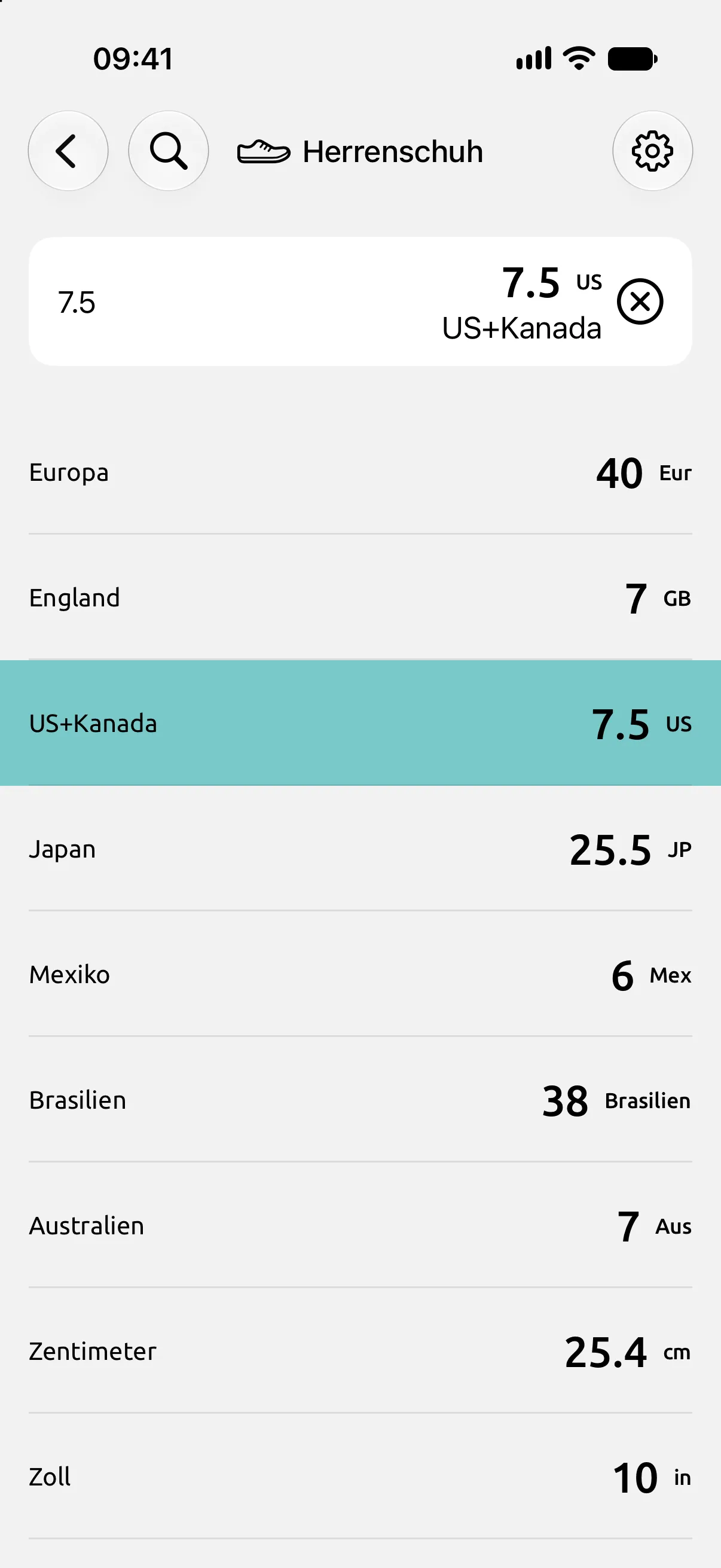 Bildschirm Herrenschuh der Umrechner-App mit US 7,5: Europa 40, England 7, Japan 25,5, 25,4 Zentimeter und 10 Zoll.