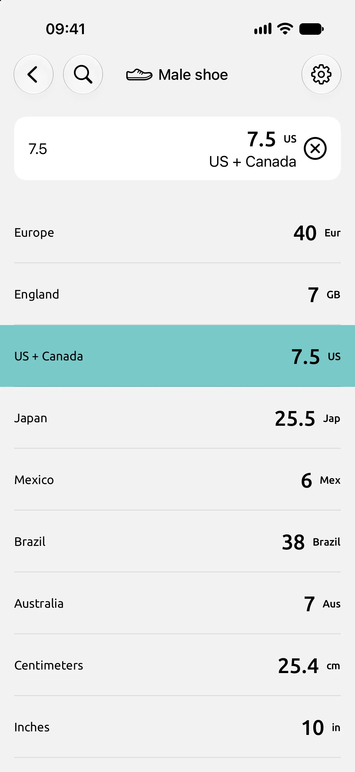 Conversion Calculator Male shoe screen with US 7.5 entered: Europe 40, England 7, Japan 25.5, 25.4 centimeters and 10 inches.