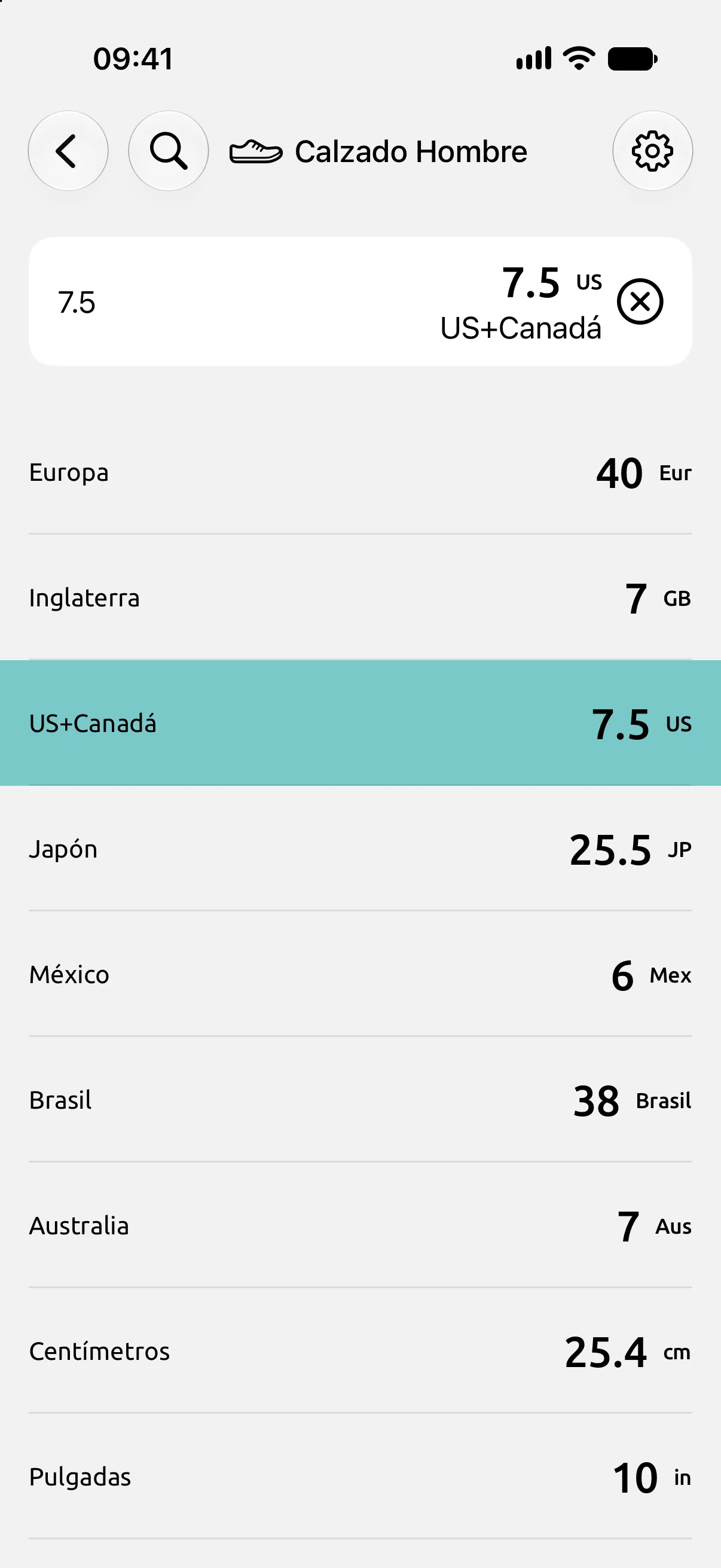 Pantalla Calzado Hombre de la calculadora de conversiones con la talla US+Canadá 7.5: México 6, Europa 40, Inglaterra 7, Japón 25.5, 25.4 centímetros y 10 pulgadas.