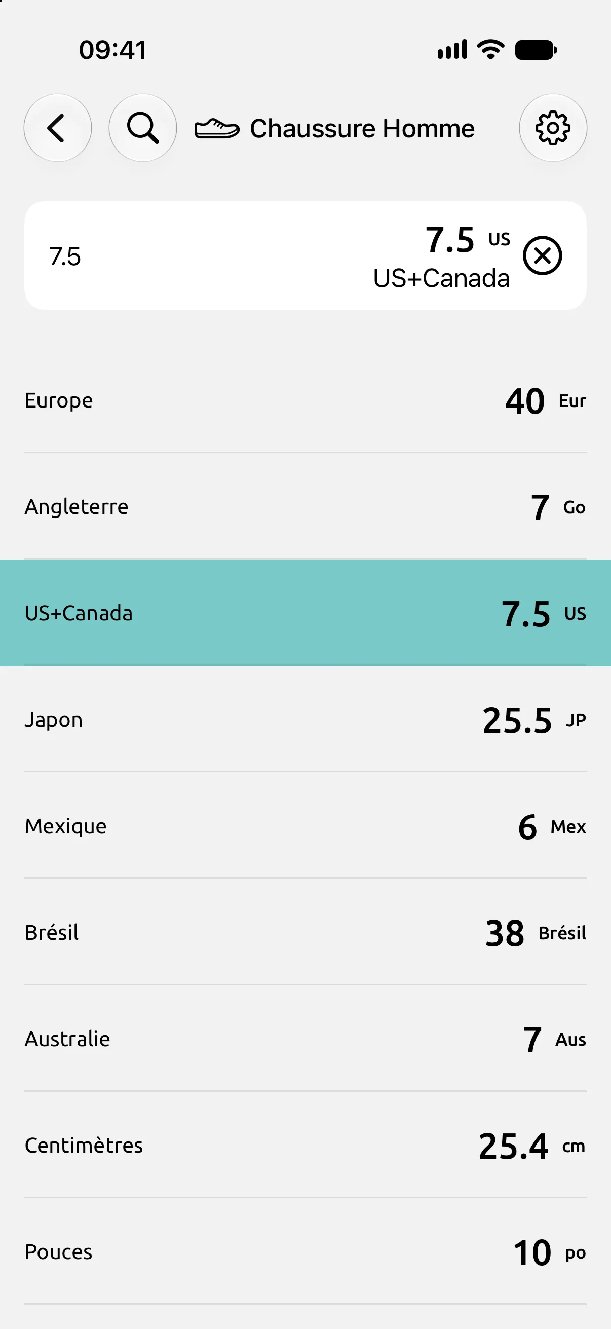 Écran Chaussure Homme de la calculatrice de conversion avec la pointure US 7,5 : Europe 40, Angleterre 7, Japon 25,5, 25,4 cm et 10 pouces.