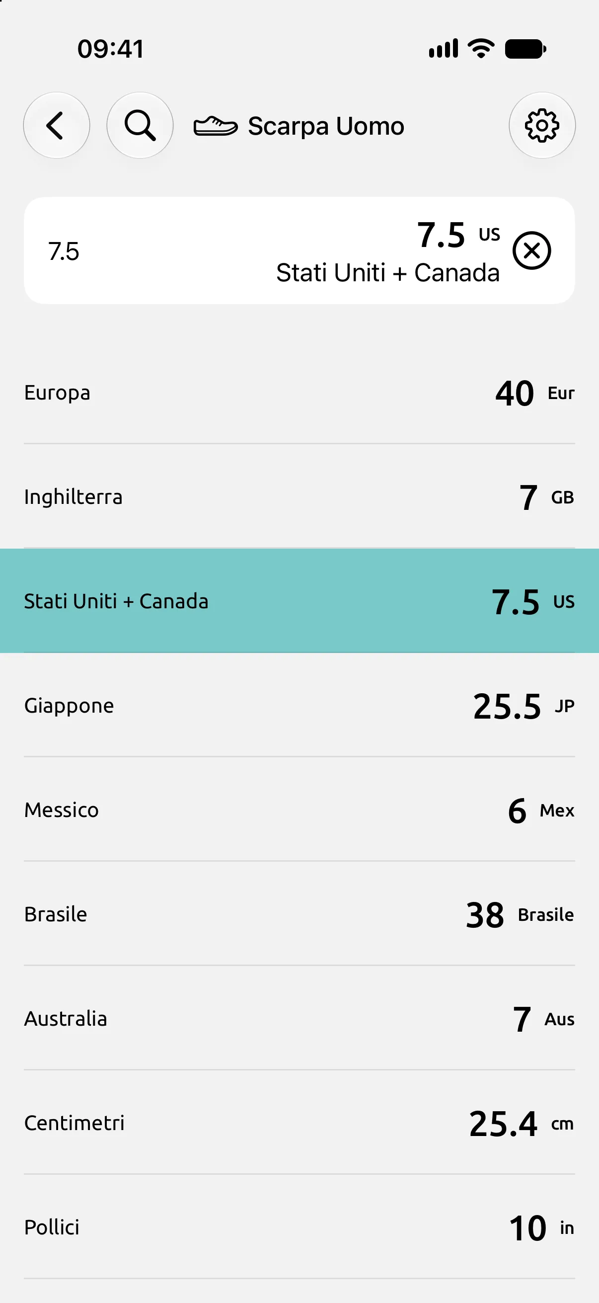 Schermo Scarpa Uomo di Conversion Calculator con la taglia US 7,5: Europa 40, Inghilterra 7, Giappone 25,5, 25,4 cm e 10 pollici.