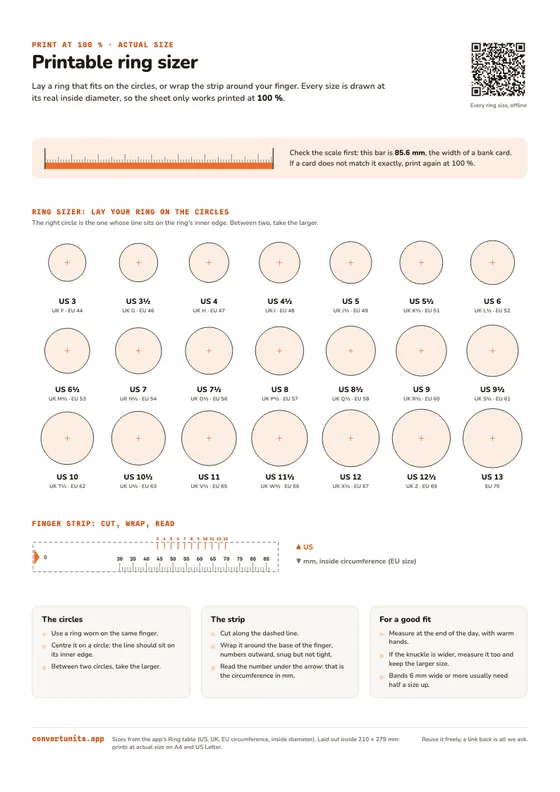Preview of the printable ring sizer: a card-width scale bar, 21 circles from US 3 to US 13 and a finger strip