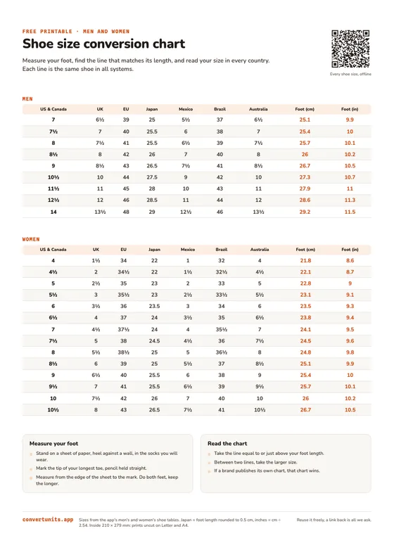 Preview: Shoe size chart